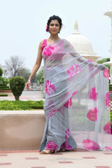 ARISHA GREY-FUCHSIA BANDHANI CHIFFON SAREE