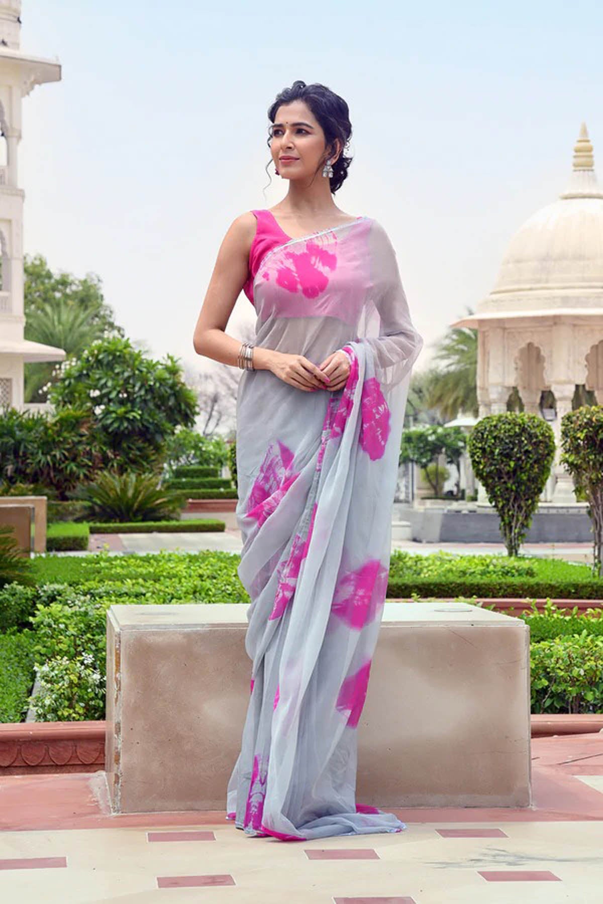 ARISHA GREY-FUCHSIA BANDHANI CHIFFON SAREE