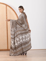MULMUL TAUPE BLOCK PRINTED MODAL SATIN SAREE
