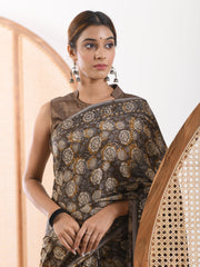 MULMUL UMBER BROWN BLOCK PRINTED MODAL SATIN SAREE