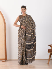 MULMUL UMBER BROWN BLOCK PRINTED MODAL SATIN SAREE