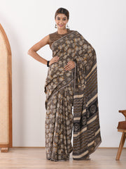 MULMUL UMBER BROWN BLOCK PRINTED MODAL SATIN SAREE