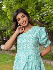 MULMUL CLAIRE BLOCK PRINTED ONE-SHOULDER DRESS