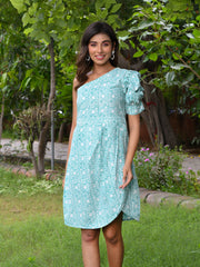 MULMUL CLAIRE BLOCK PRINTED ONE-SHOULDER DRESS