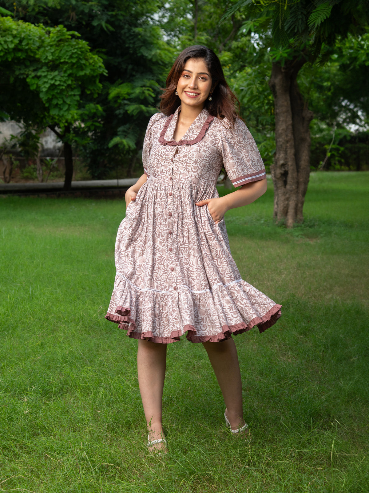 MULMUL VRITEE FLORAL HAND BLOCK PRINTED DRESS
