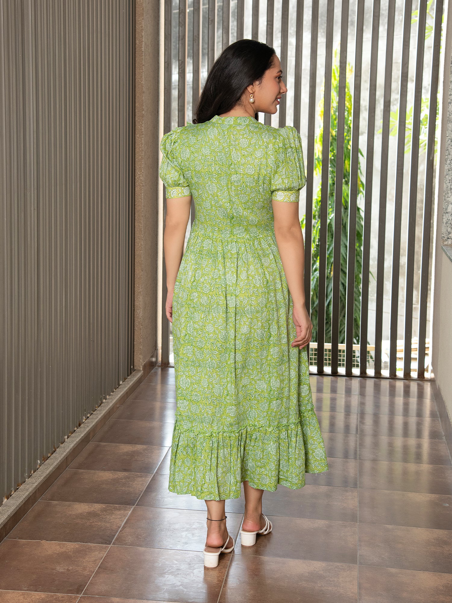 MULMUL GREEN FLORAL JAAL BLOCK PRINTED DRESS Mulmul.com MULMUL GREEN FLORAL JAAL BLOCK PRINTED DRESS Mulmul.com