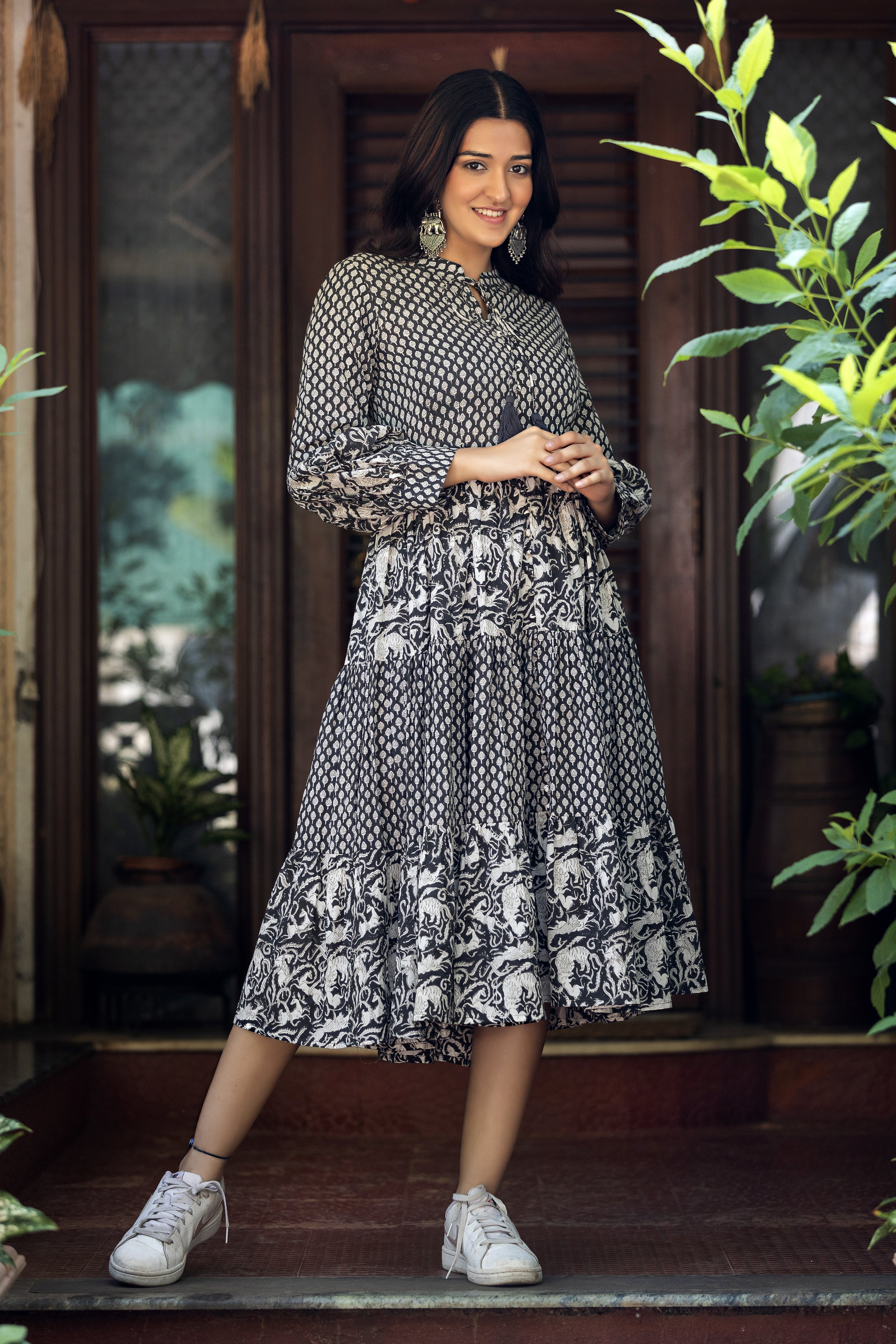 Nehamta Women's Mulmul Flared Anarkali Dress – Embroidered Tiered Long Gown With Floral Print
