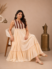 Beige Cotton Dress with Neck Detail