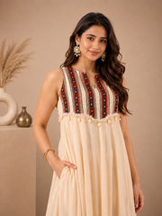 Beige Cotton Dress with Neck Detail