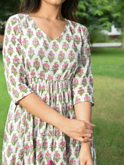 MULMUL BITHI FLORAL MOTIFS BLOCK PRINTED DRESS
