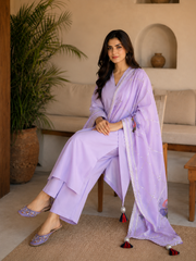 Lilac Handpainted Dupatta Suit Set (Set of 3)