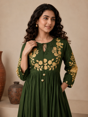 Dark Green Dress with Embroidery
