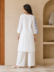 Bunai White Blue Embroidered Co-ord Set