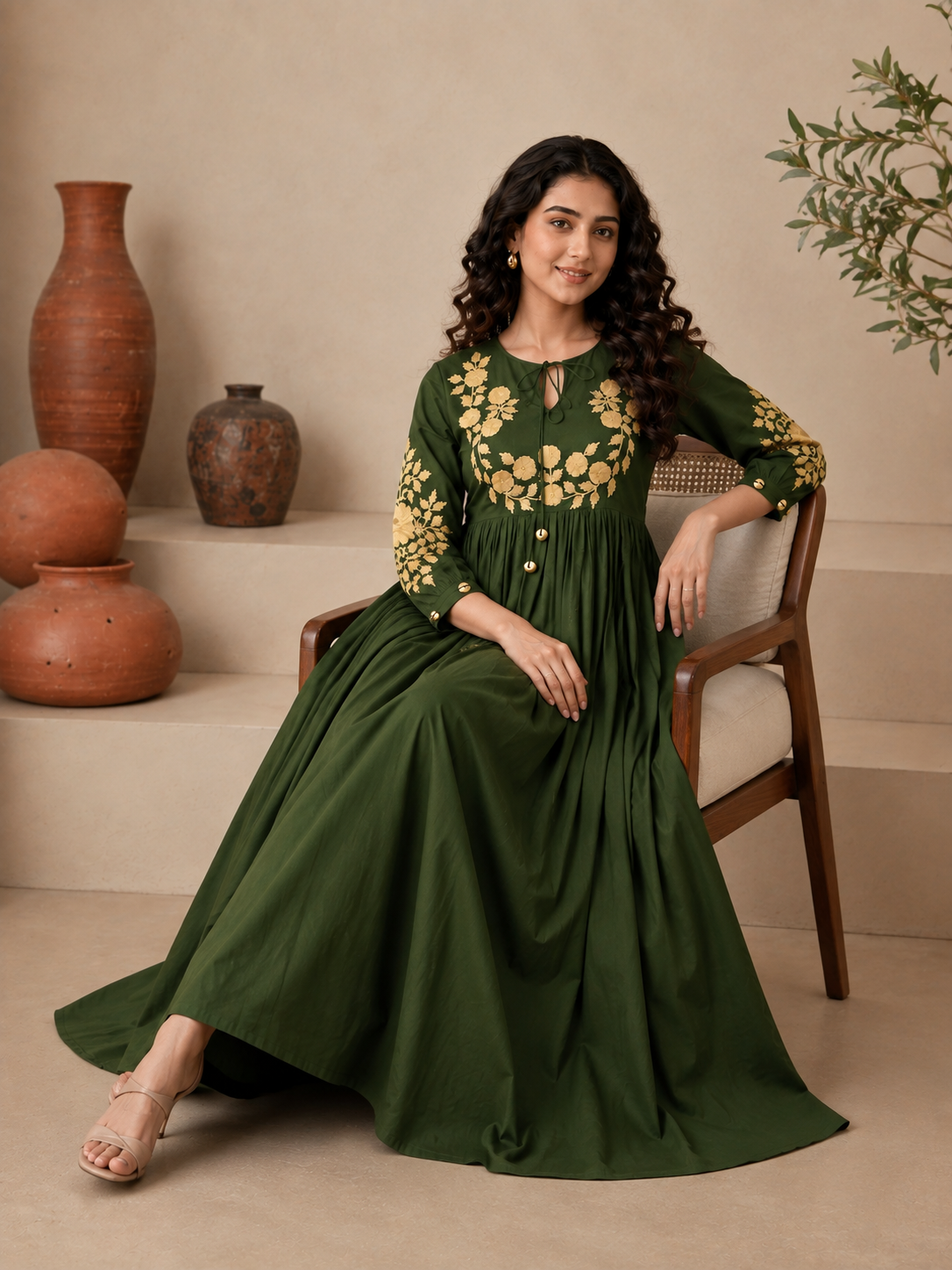Dark Green Dress with Embroidery
