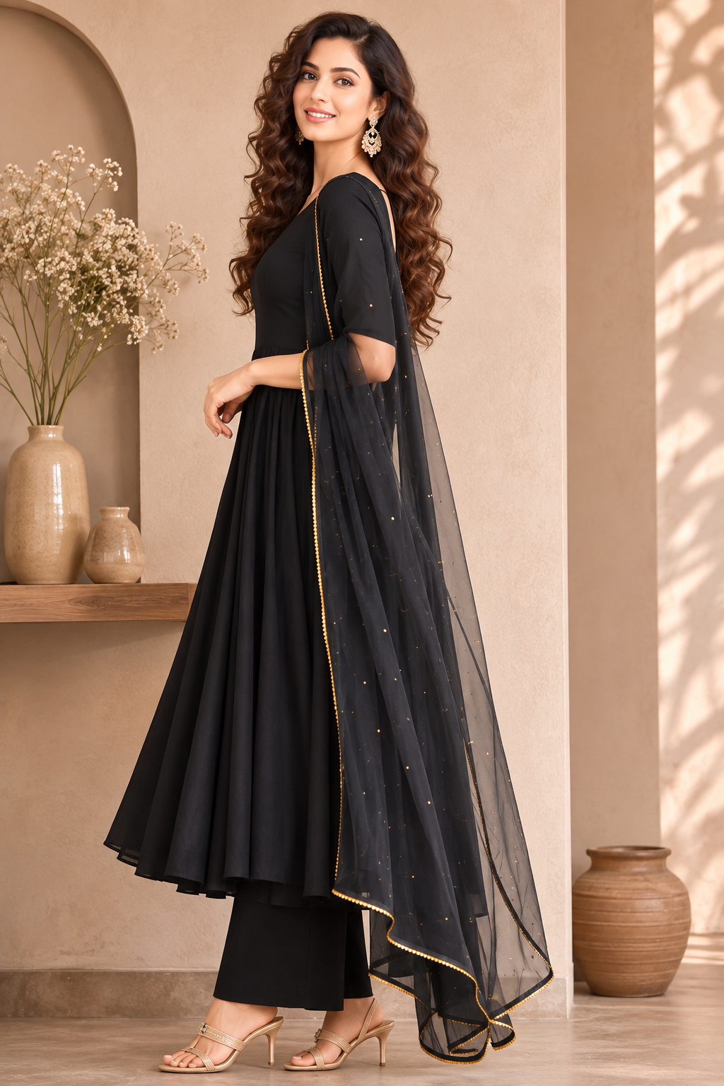 Black Sequin Cotton Suit Set