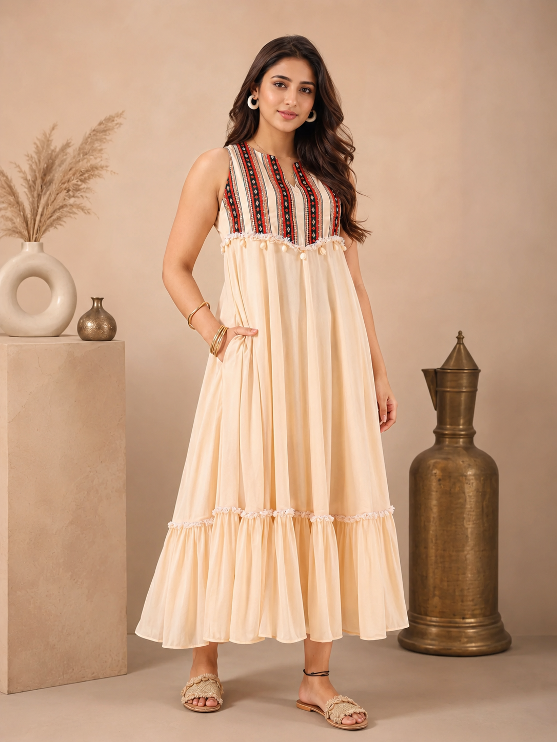 Beige Cotton Dress with Neck Detail