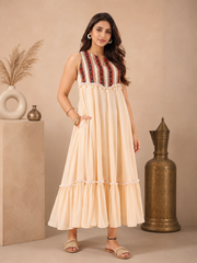 Beige Cotton Dress with Neck Detail