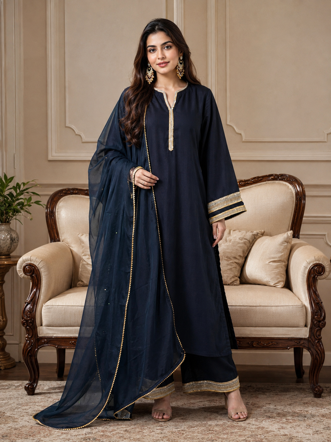 Black Cotton Suit Set with Organza Dupatta