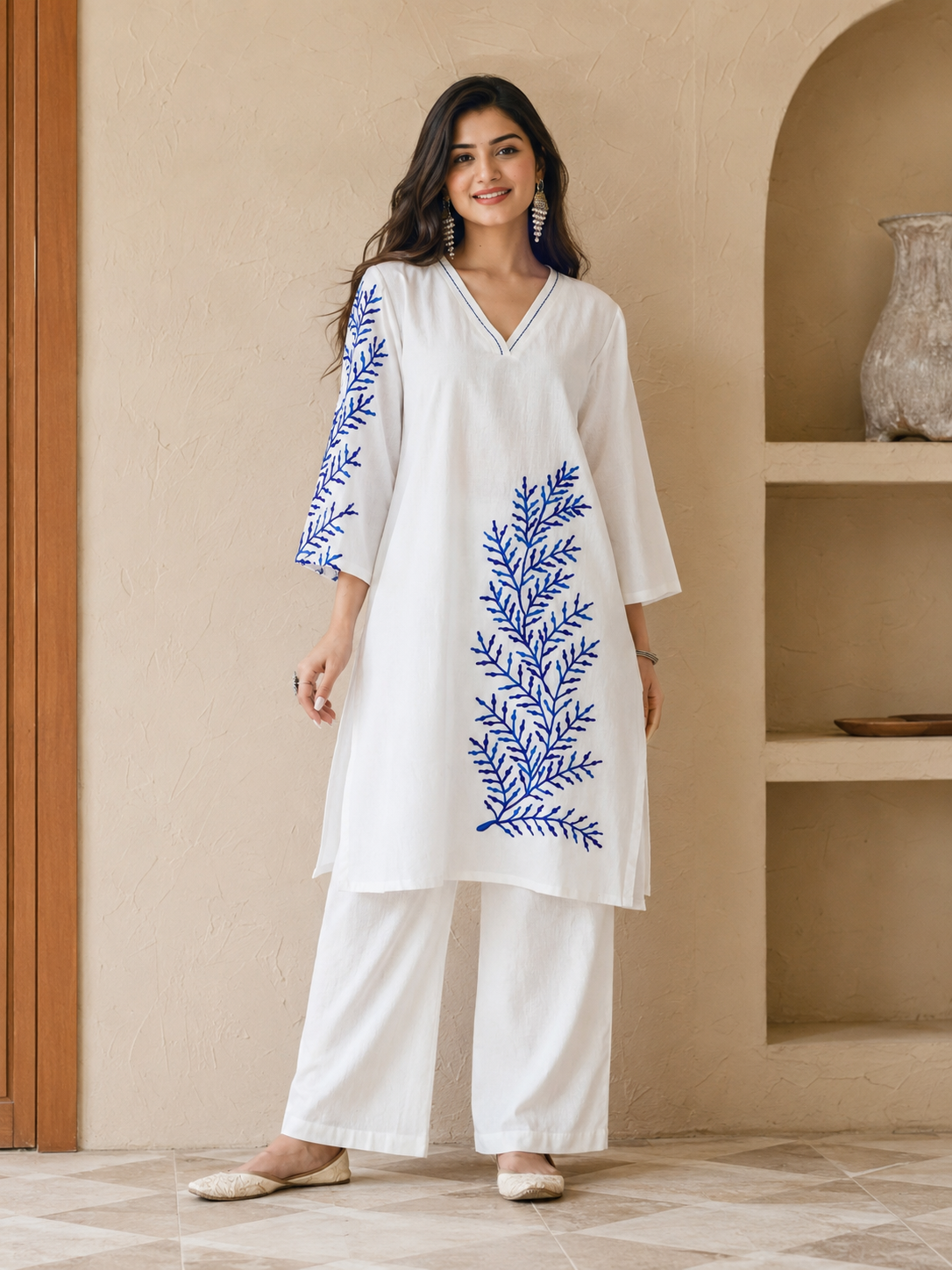 Bunai White Blue Embroidered Co-ord Set