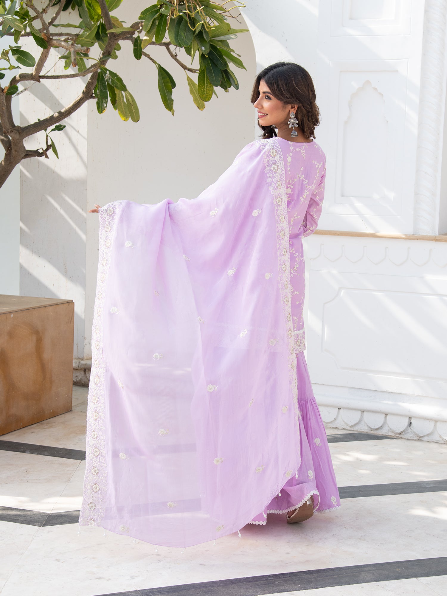 MULMUL INDU LILAC KURTA-SHARARA & DUPATTA SET