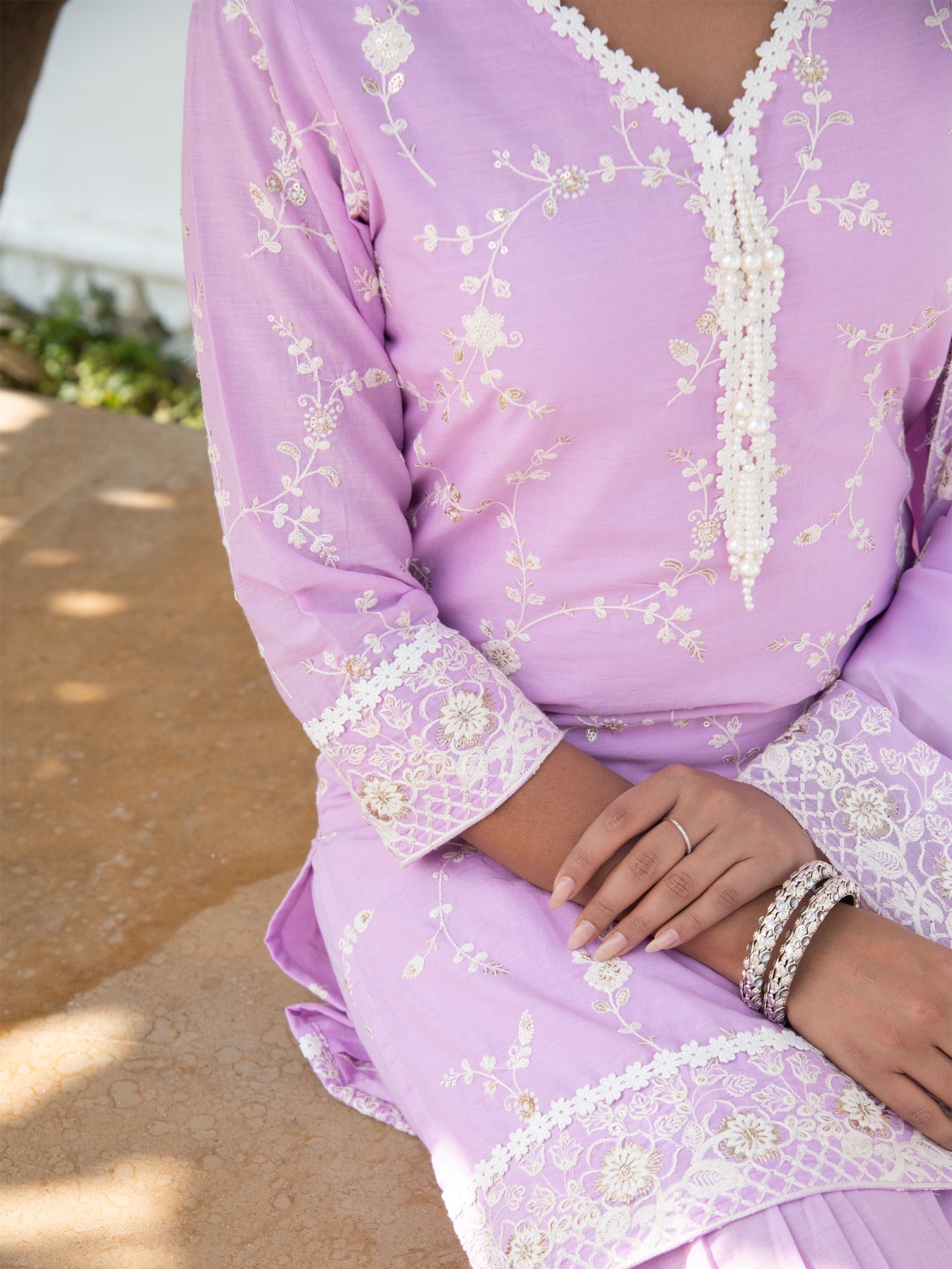 MULMUL INDU LILAC KURTA-SHARARA & DUPATTA SET