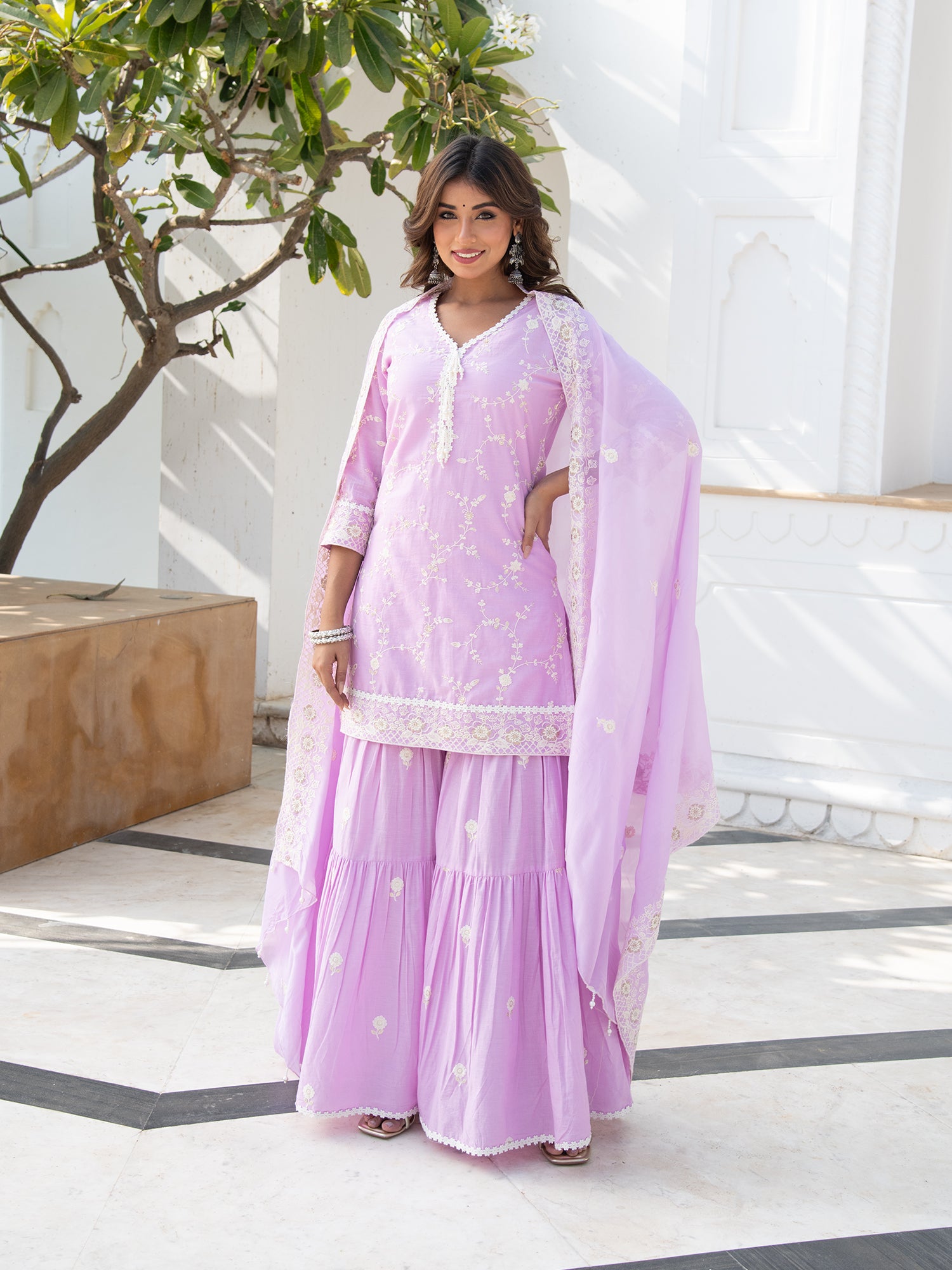 MULMUL INDU LILAC KURTA-SHARARA & DUPATTA SET