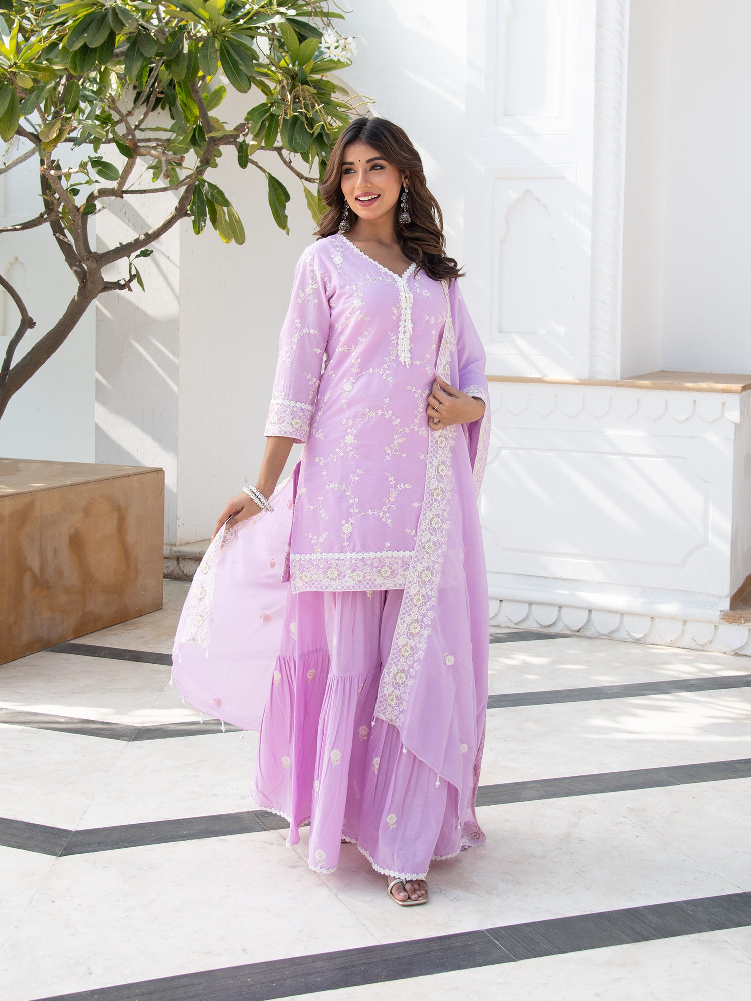 MULMUL INDU LILAC KURTA-SHARARA & DUPATTA SET