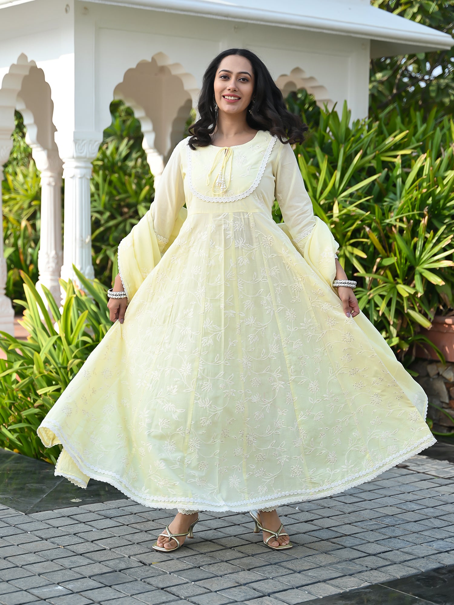 MULMUL LRIS ANARKALI KURTA-PANT & DUPATTA SET