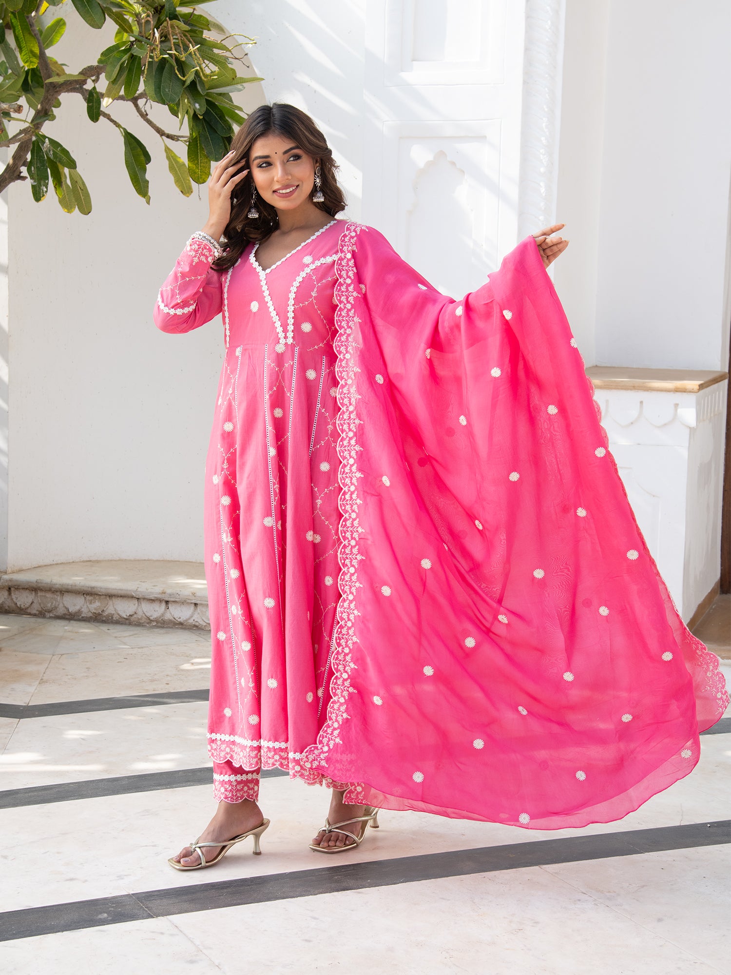 MULMUL GULABI SAANJH ANARKALI KURTA-PANT & DUPATTA SET