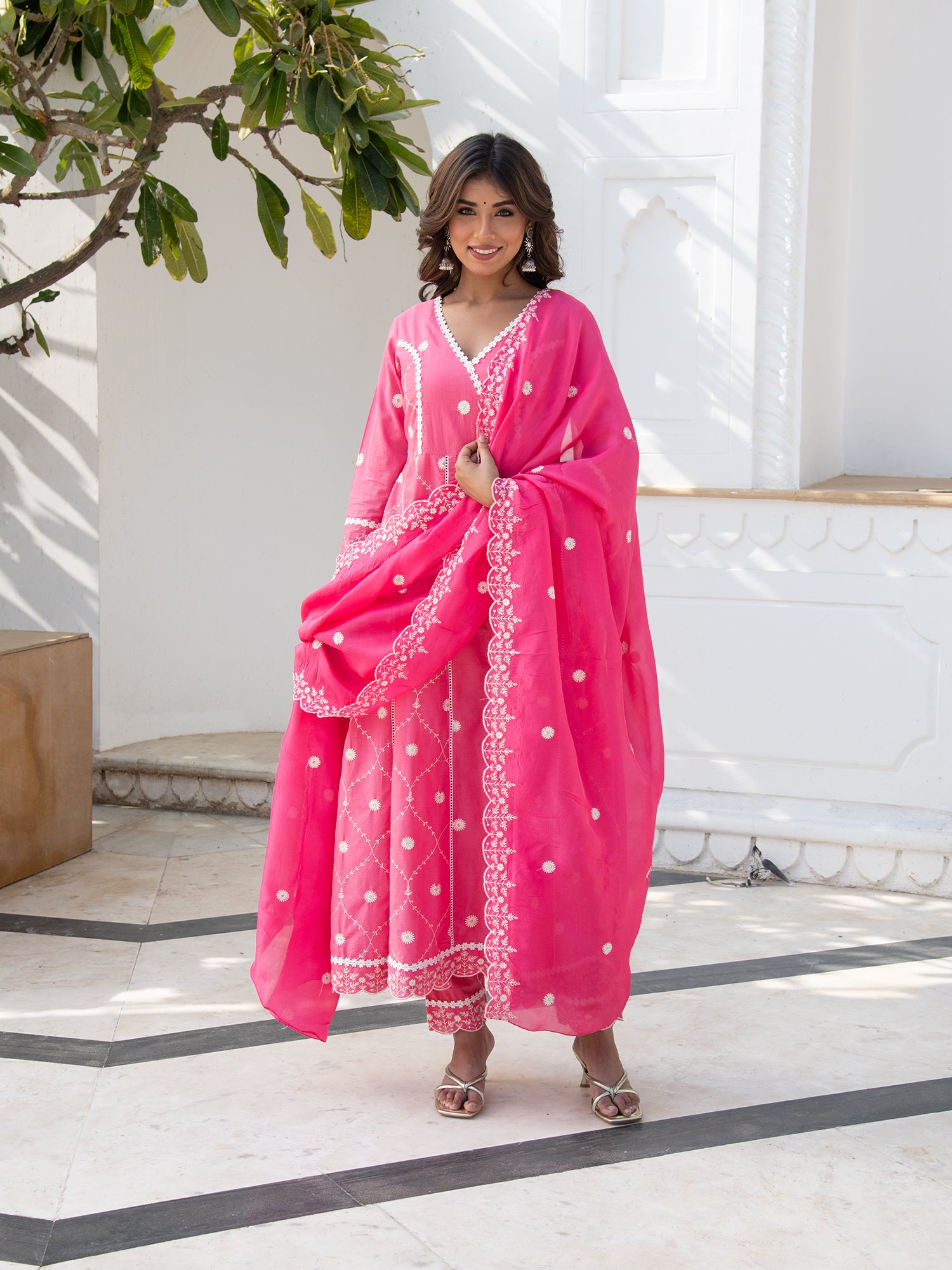 MULMUL GULABI SAANJH ANARKALI KURTA-PANT & DUPATTA SET