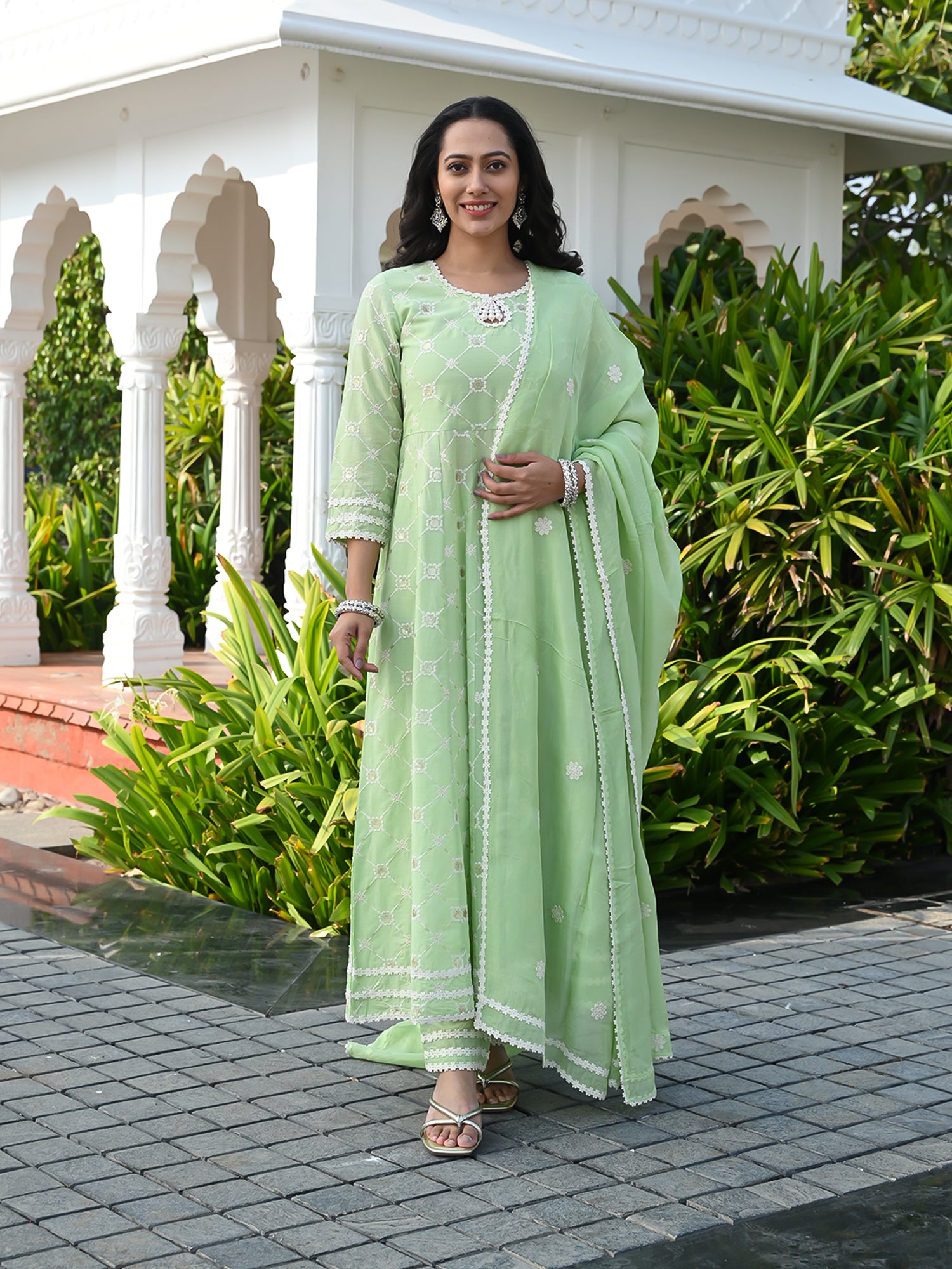 MULMUL NOORI EMBROIDERED ANARKALI KURTA-PANTS & DUPATTA SET