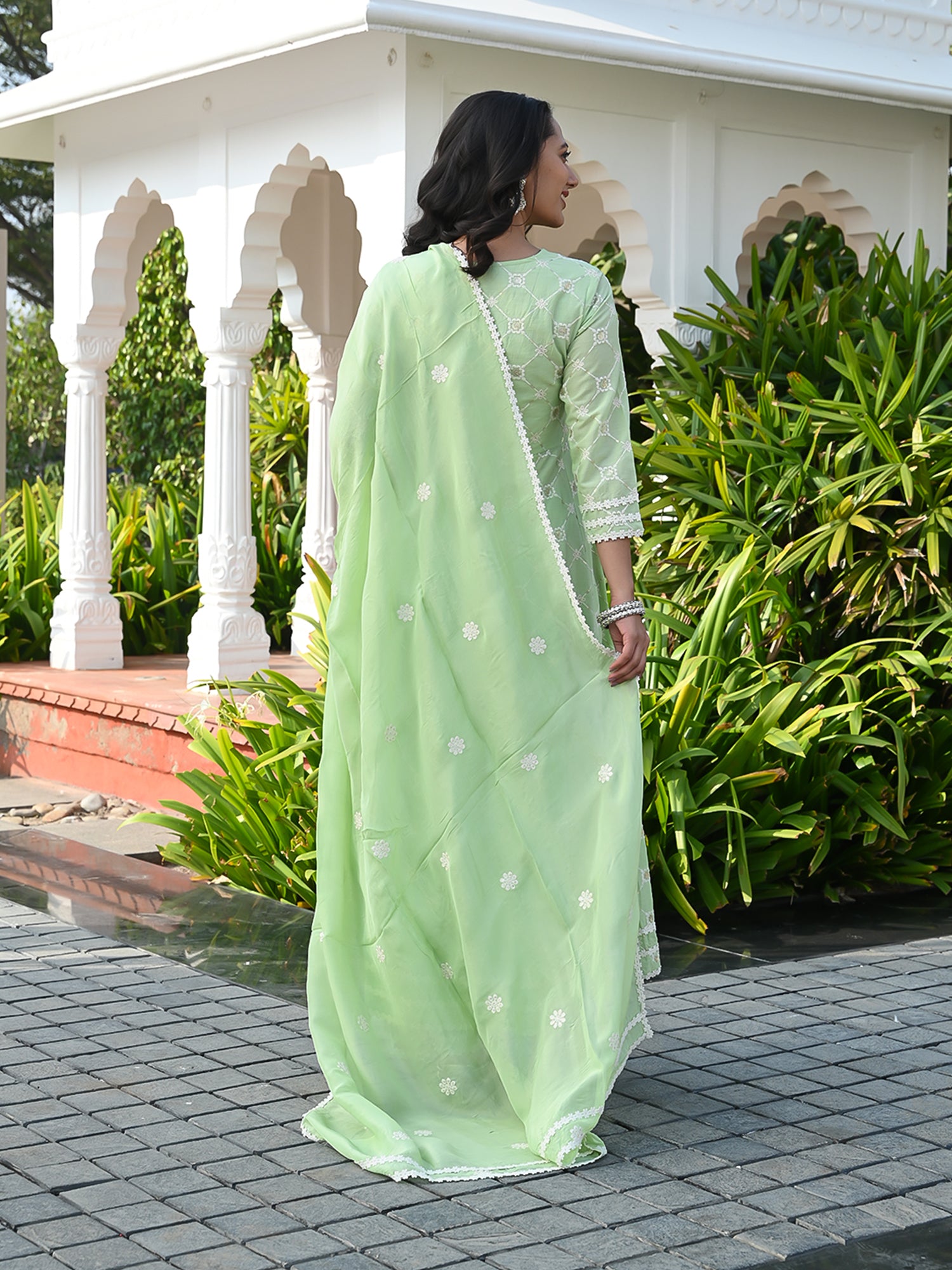 MULMUL NOORI EMBROIDERED ANARKALI KURTA-PANTS & DUPATTA SET