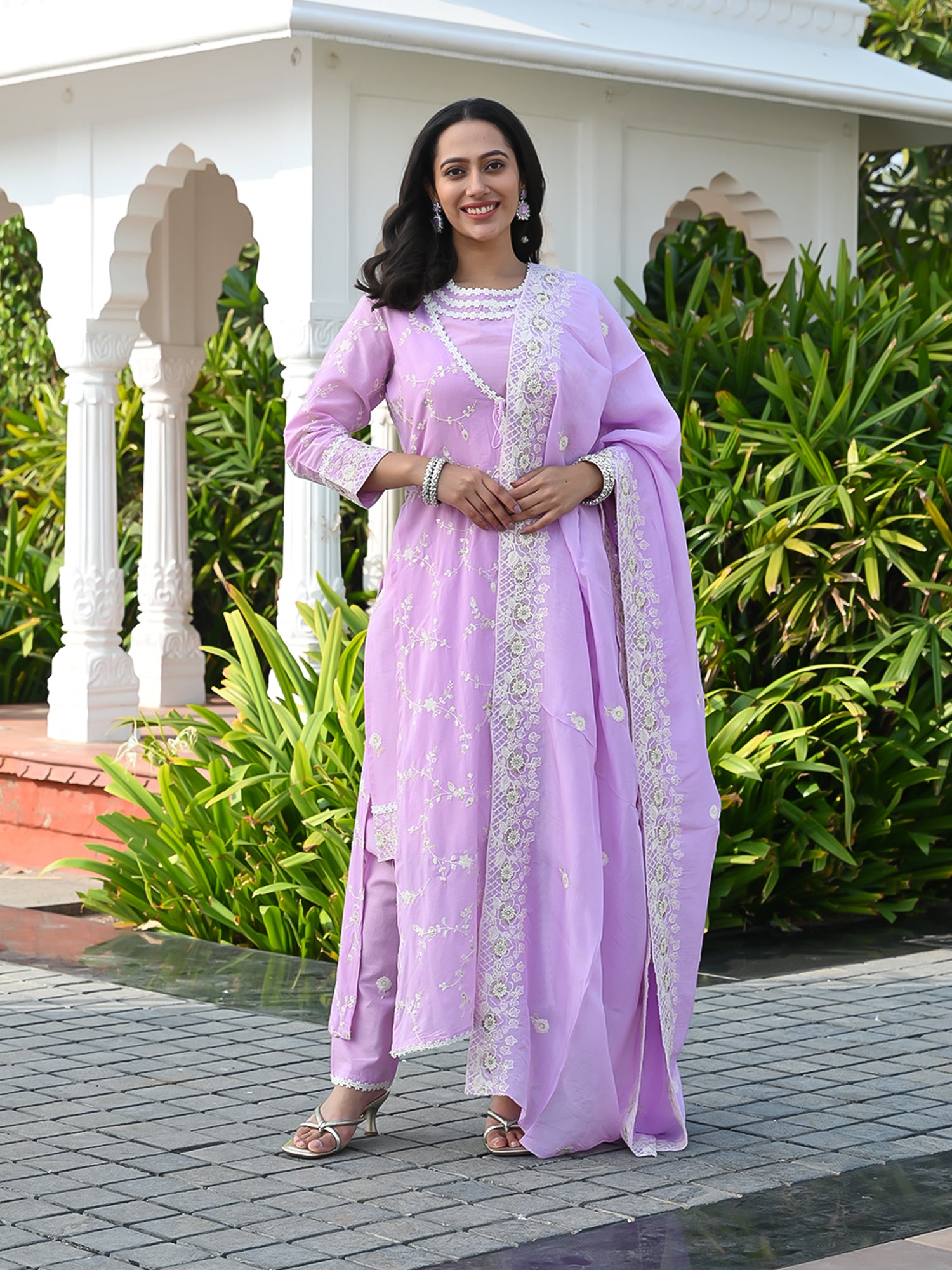 MULMUL EDHA EMBROIDERED KURTA-PANT JACKET & DUPATTA SET