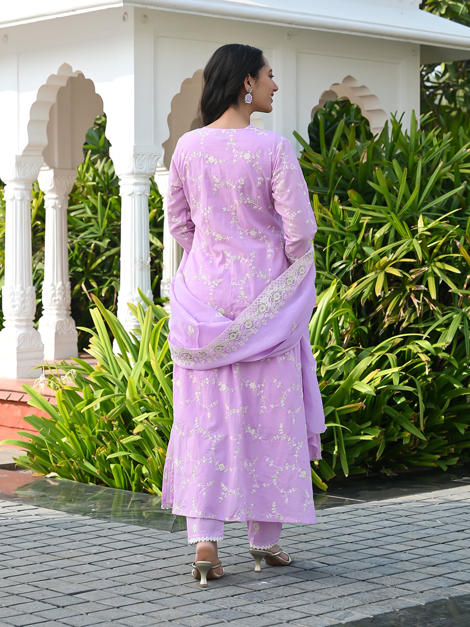 MULMUL EDHA EMBROIDERED KURTA-PANT JACKET & DUPATTA SET