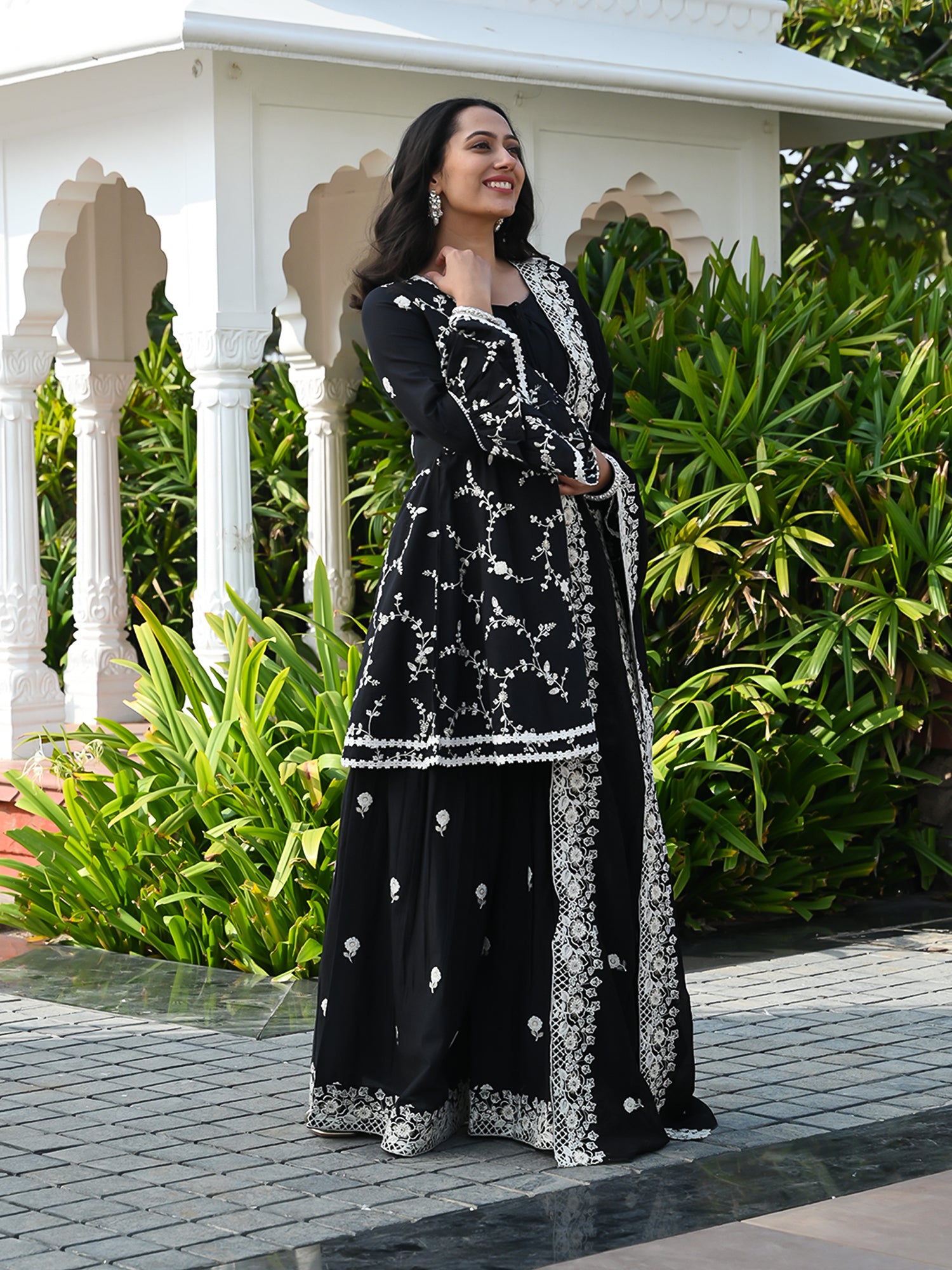 MULMUL AAFREEN EMBROIDERED KURTA-SHARARA & DUPATTA SET