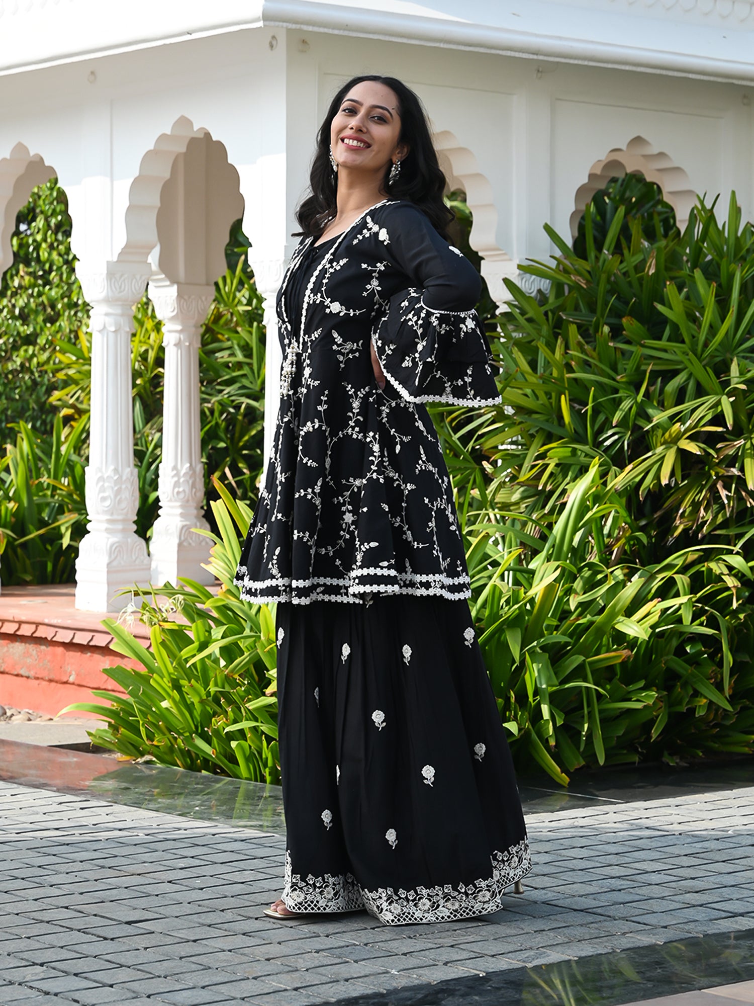 MULMUL AAFREEN EMBROIDERED KURTA-SHARARA & DUPATTA SET