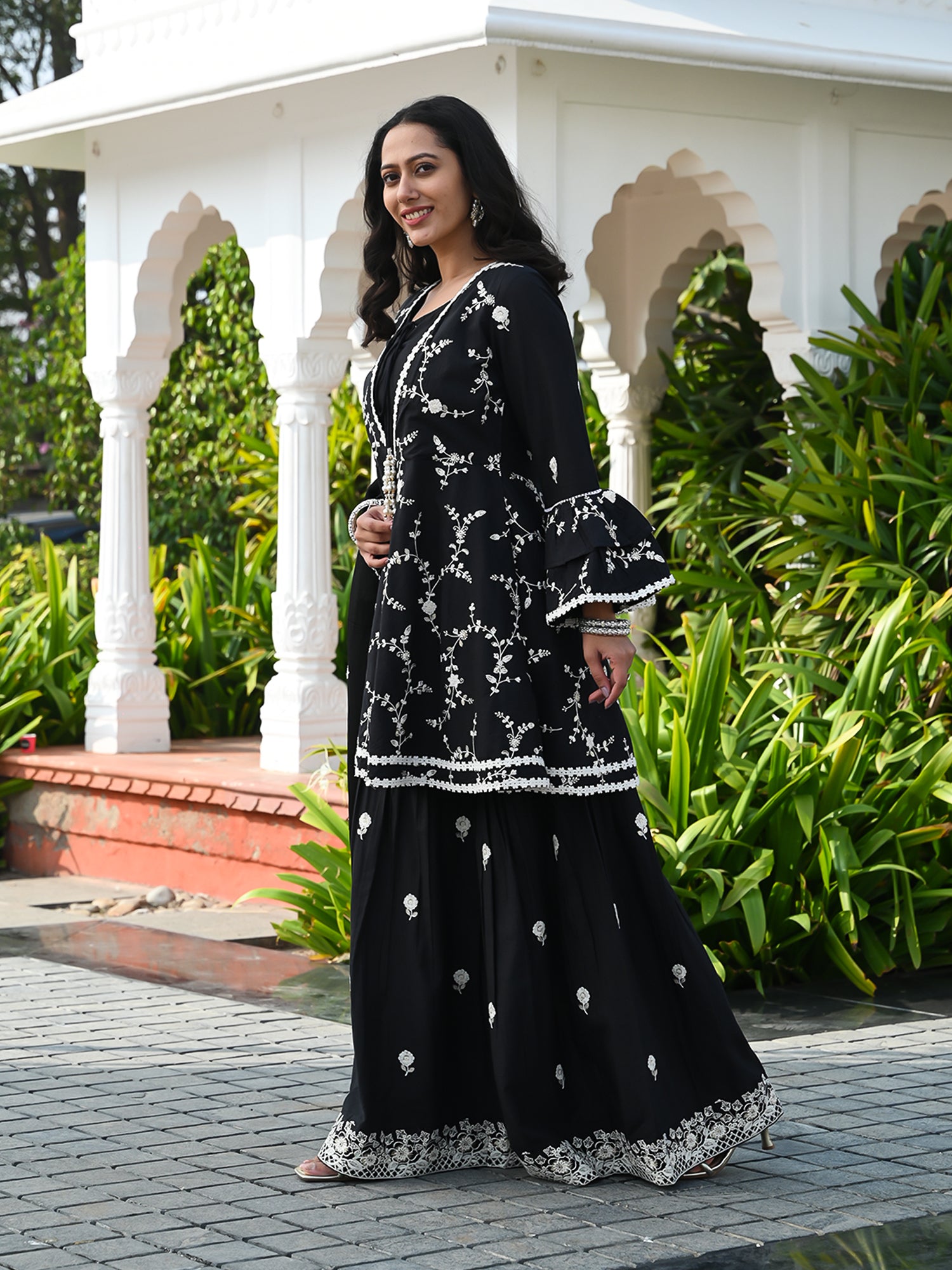 MULMUL AAFREEN EMBROIDERED KURTA-SHARARA & DUPATTA SET