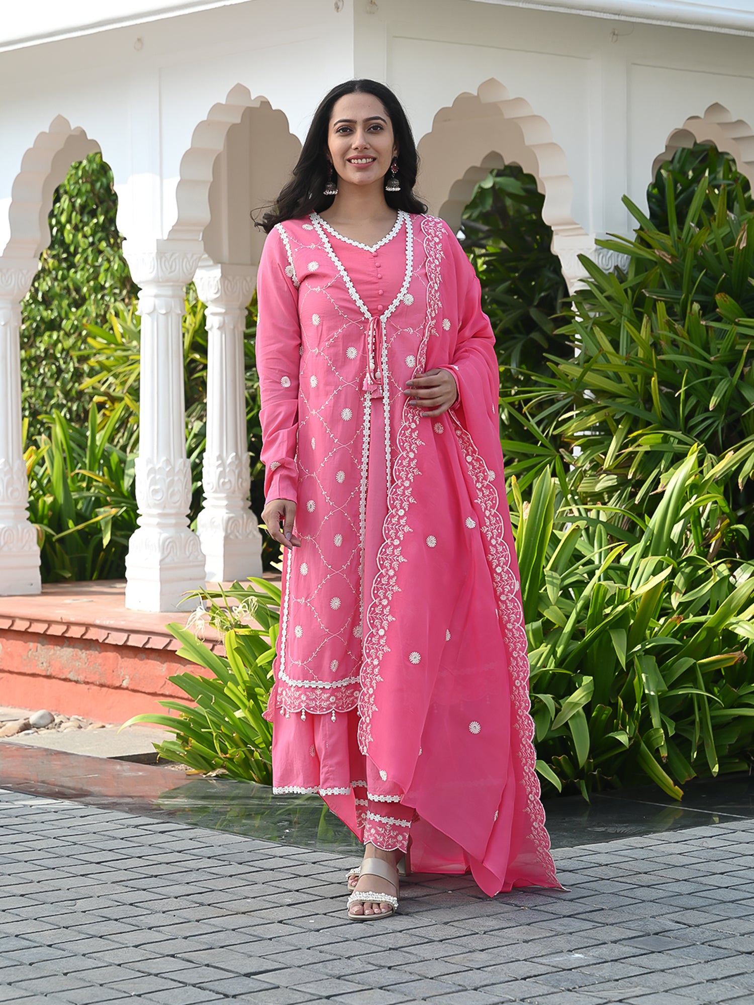 MULMUL REET PINK ANARKALI KURTA-PANT & DUPATTA SET