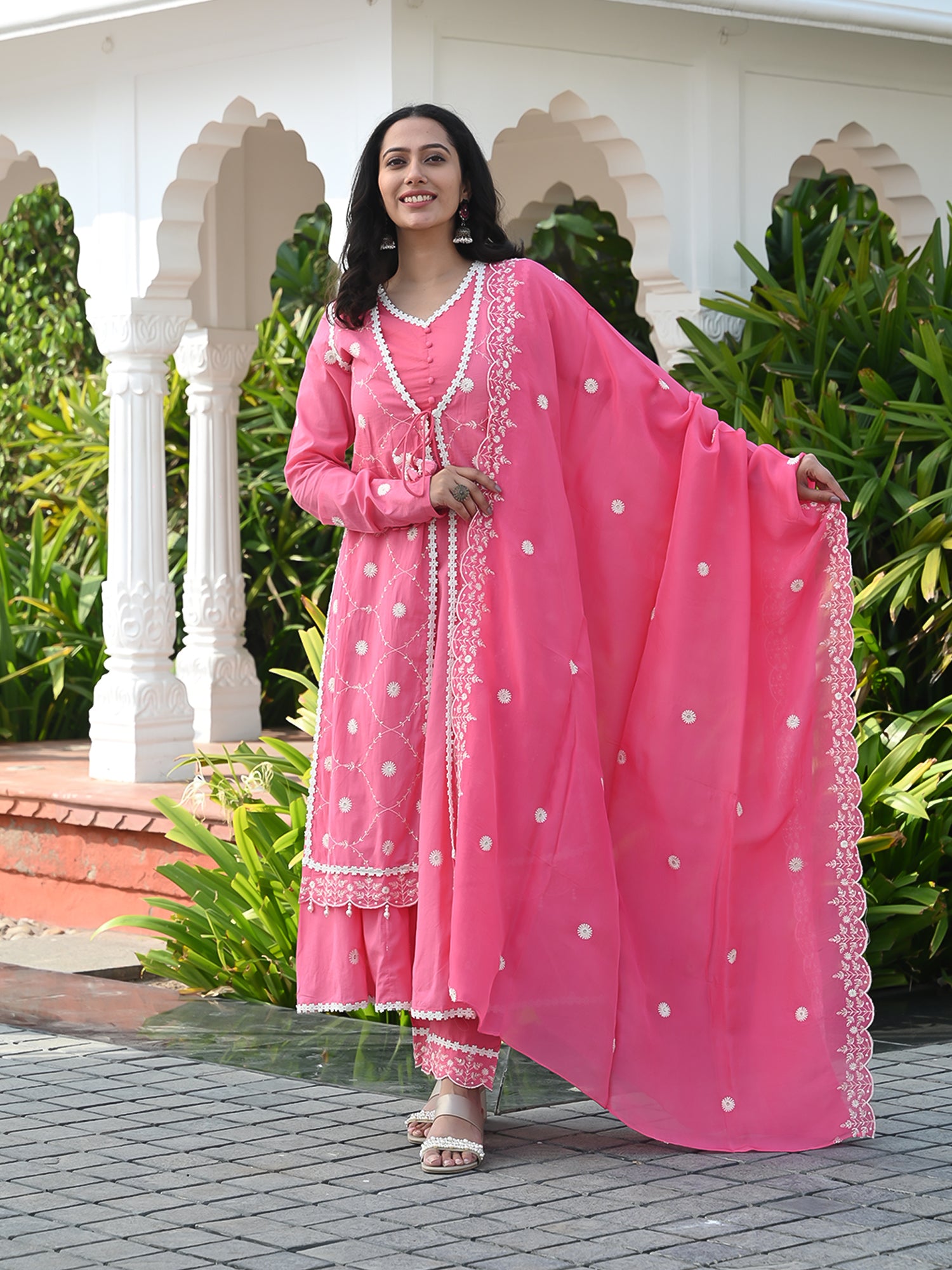 MULMUL REET PINK ANARKALI KURTA-PANT & DUPATTA SET