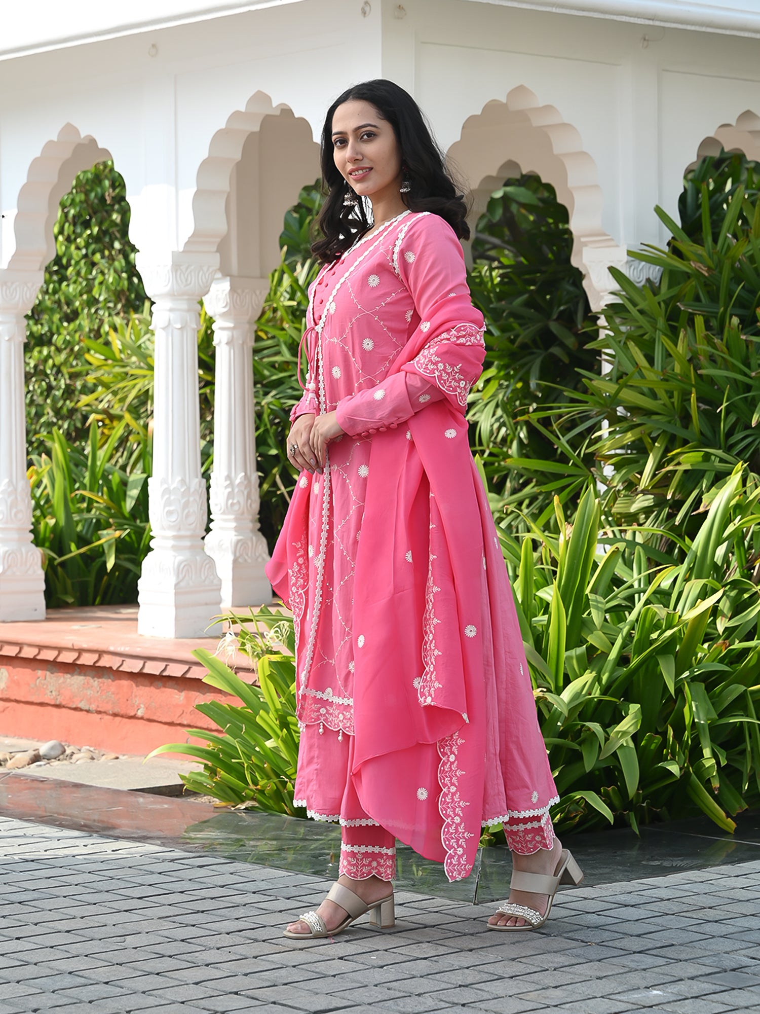 MULMUL REET PINK ANARKALI KURTA-PANT & DUPATTA SET