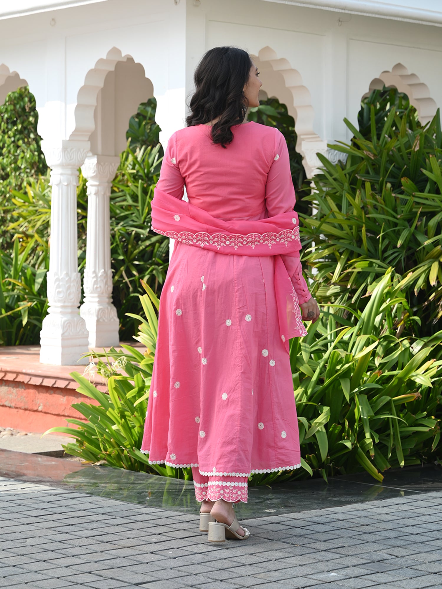 MULMUL REET PINK ANARKALI KURTA-PANT & DUPATTA SET