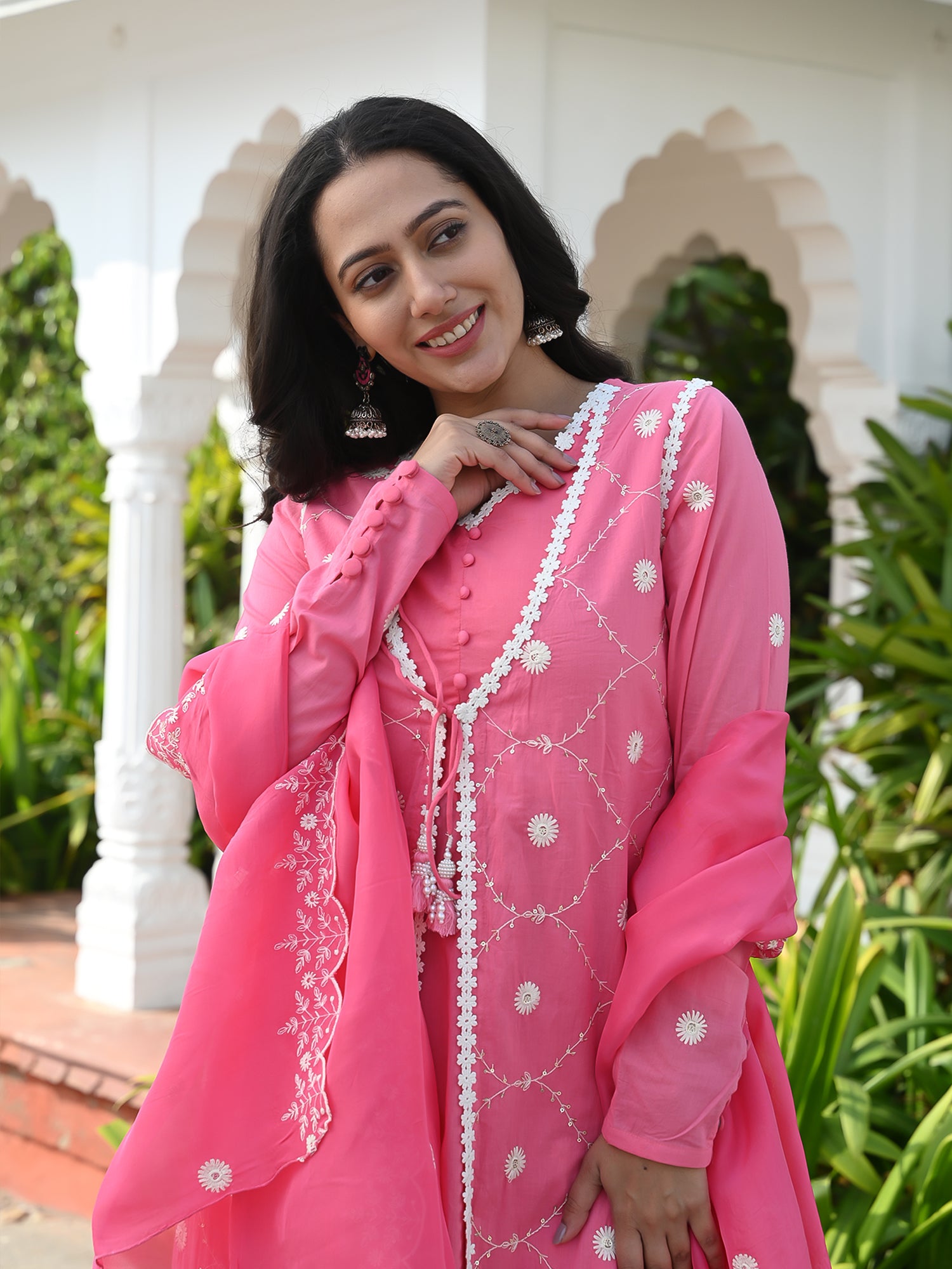 MULMUL REET PINK ANARKALI KURTA-PANT & DUPATTA SET