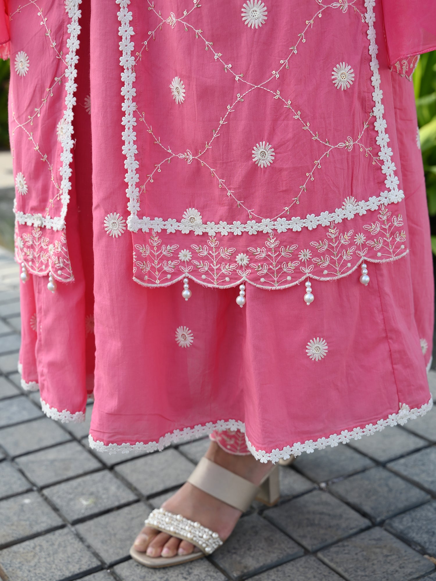 MULMUL REET PINK ANARKALI KURTA-PANT & DUPATTA SET