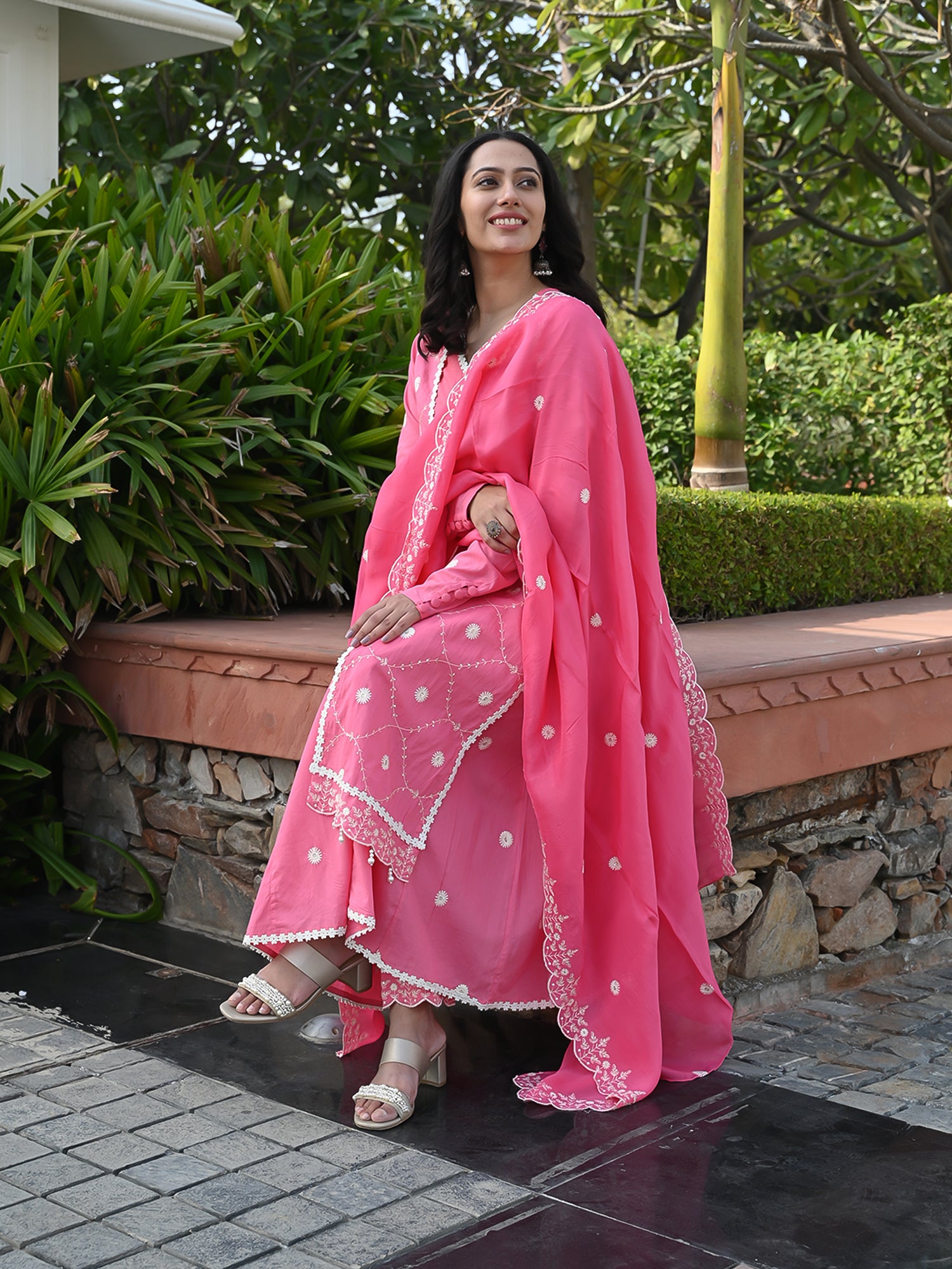 MULMUL REET PINK ANARKALI KURTA-PANT & DUPATTA SET