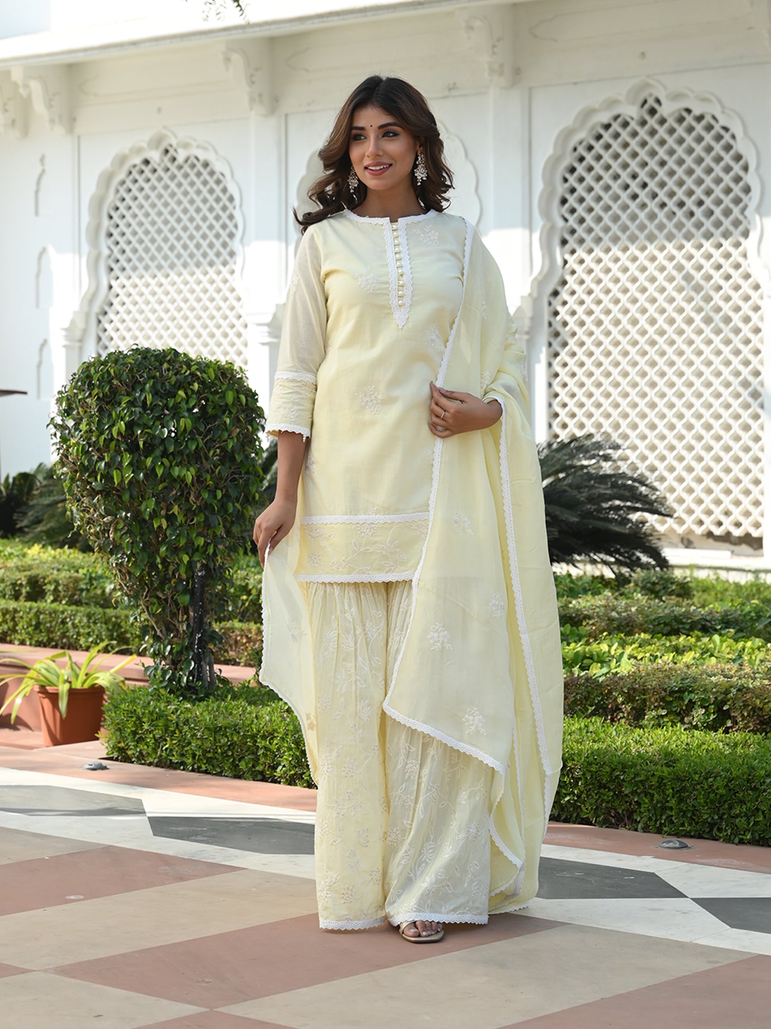 MULMUL MAHIRA EMBROIDERED KURTA-SHARARA & DUPATTA SET