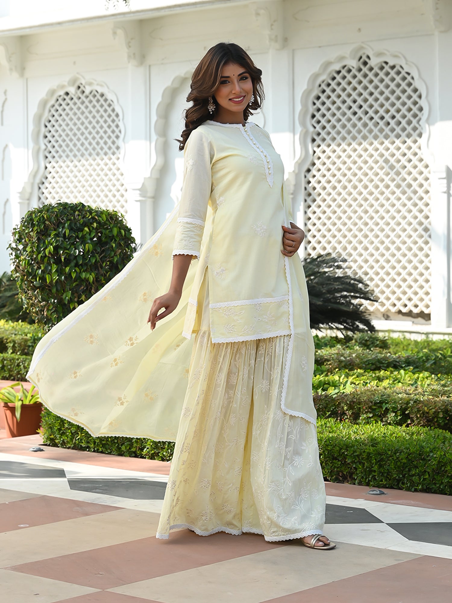 MULMUL MAHIRA EMBROIDERED KURTA-SHARARA & DUPATTA SET