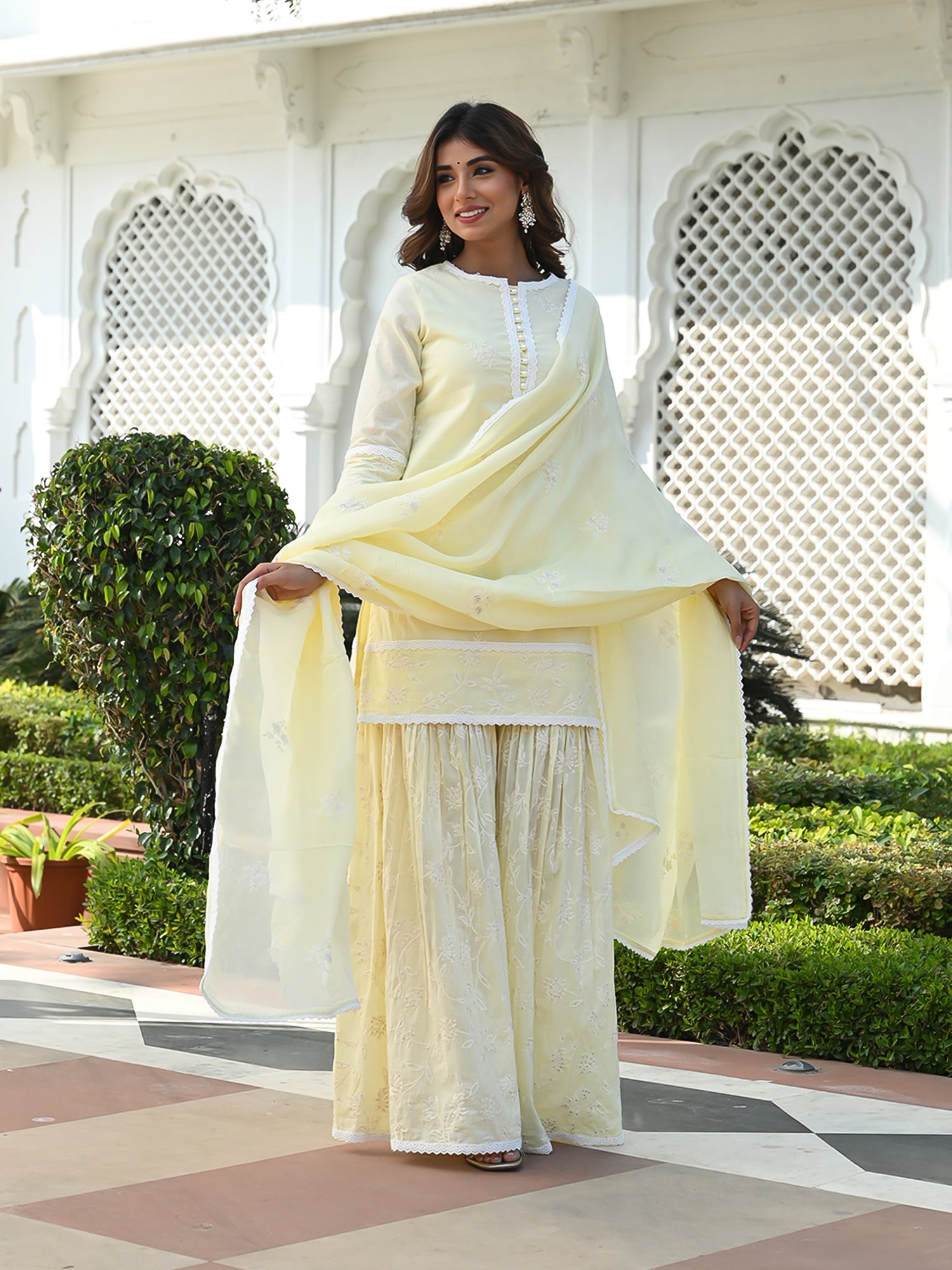 MULMUL MAHIRA EMBROIDERED KURTA-SHARARA & DUPATTA SET