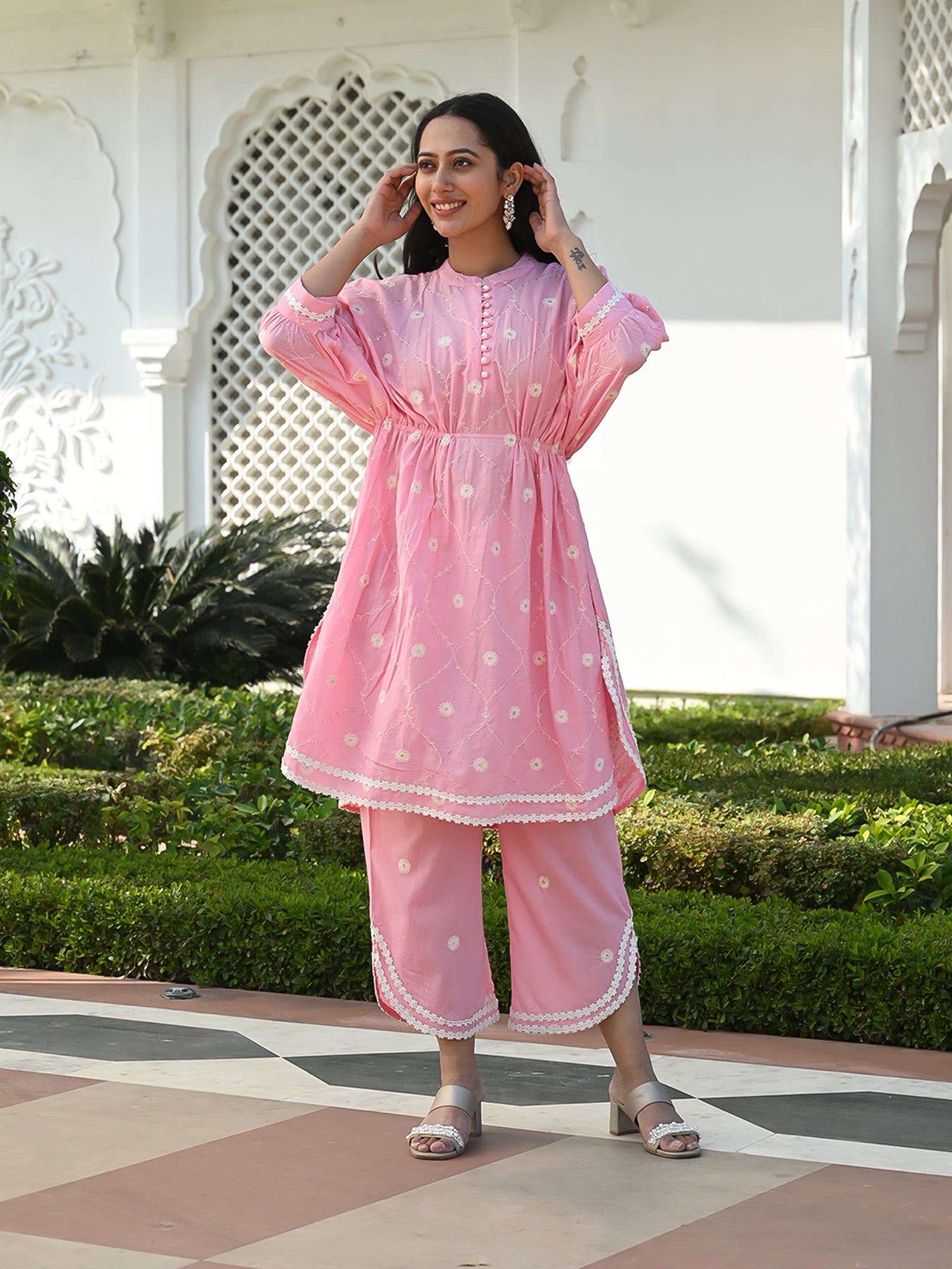 MULMUL EMBROIDERED KAFTAN SHIRT-PANT SET