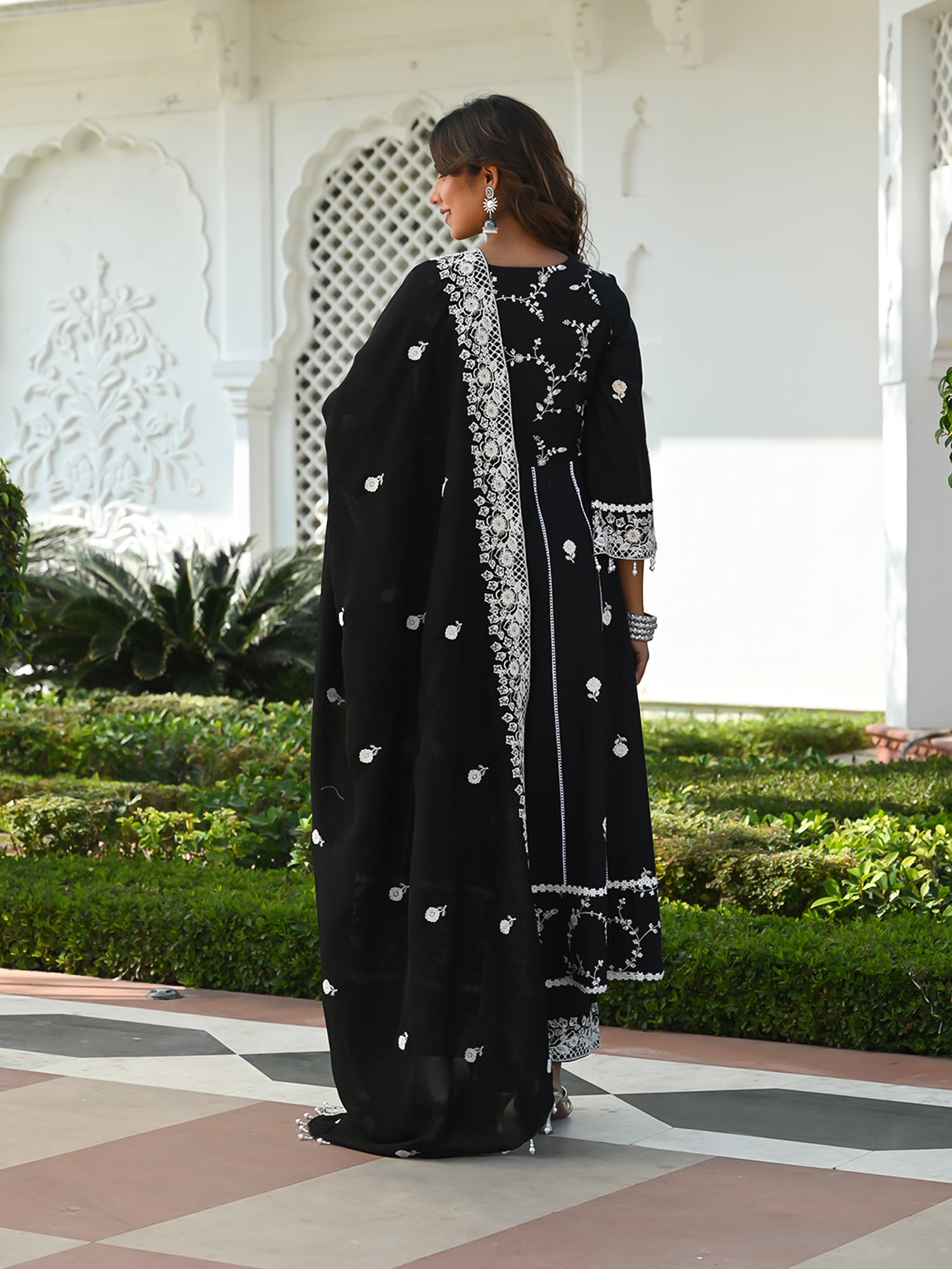 MULUML LUNA BLACK ANARKALI KURTA-PANT & DUPATTA SET