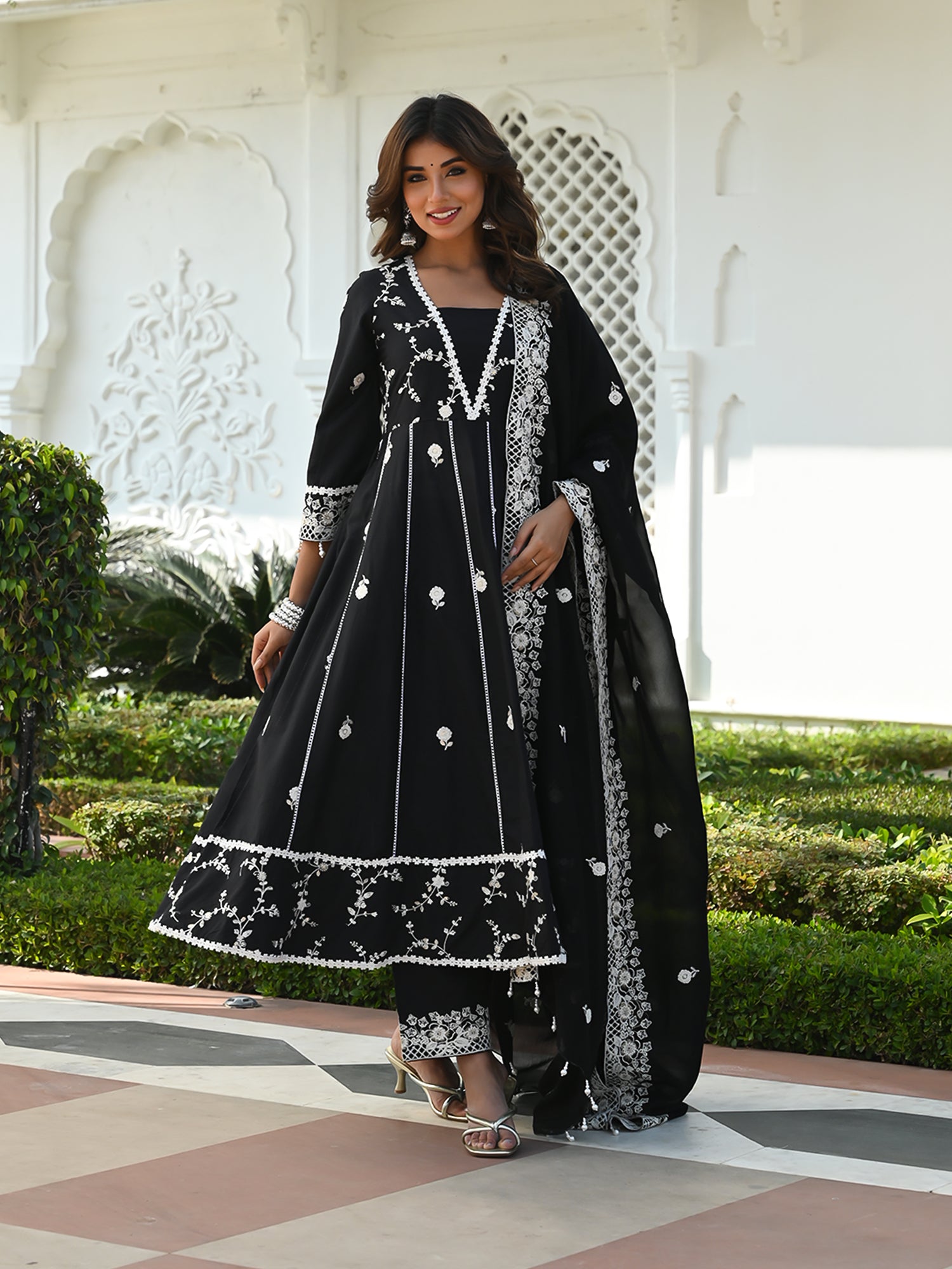 MULUML LUNA BLACK ANARKALI KURTA-PANT & DUPATTA SET